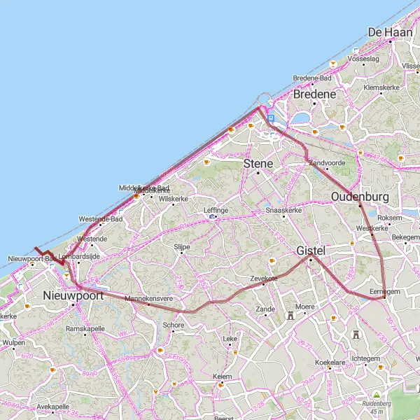 Miniature de la carte de l'inspiration cycliste "Le Tour Gravel de Gistel à Oudenburg" dans la Prov. West-Vlaanderen, Belgium. Générée par le planificateur d'itinéraire cycliste Tarmacs.app