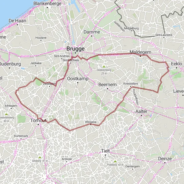 Miniatuurkaart van de fietsinspiratie "Avontuurlijke fietstocht door het Brugse Ommeland" in Prov. West-Vlaanderen, Belgium. Gemaakt door de Tarmacs.app fietsrouteplanner