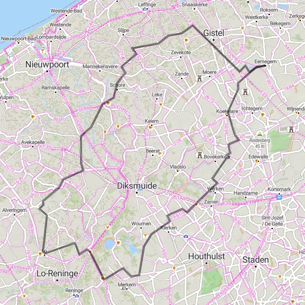 Miniatuurkaart van de fietsinspiratie "Uitdagende fietsroute door West-Vlaanderen" in Prov. West-Vlaanderen, Belgium. Gemaakt door de Tarmacs.app fietsrouteplanner