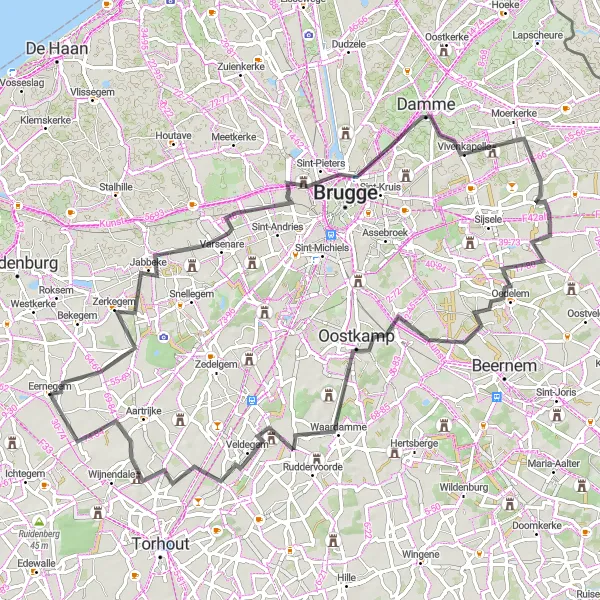 Miniature de la carte de l'inspiration cycliste "Escapade à la Campine Flamande" dans la Prov. West-Vlaanderen, Belgium. Générée par le planificateur d'itinéraire cycliste Tarmacs.app