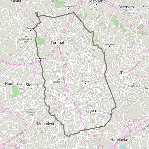 Miniatuurkaart van de fietsinspiratie "Lange wegfietsroute door West-Vlaanderen" in Prov. West-Vlaanderen, Belgium. Gemaakt door de Tarmacs.app fietsrouteplanner