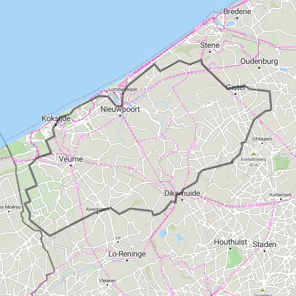Miniature de la carte de l'inspiration cycliste "Parcours côtier de l'Ouest de la Flandre" dans la Prov. West-Vlaanderen, Belgium. Générée par le planificateur d'itinéraire cycliste Tarmacs.app