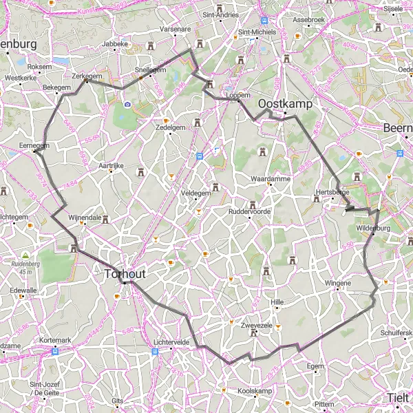 Miniature de la carte de l'inspiration cycliste "Le Circuit Routier de Snellegem à Torhout" dans la Prov. West-Vlaanderen, Belgium. Générée par le planificateur d'itinéraire cycliste Tarmacs.app