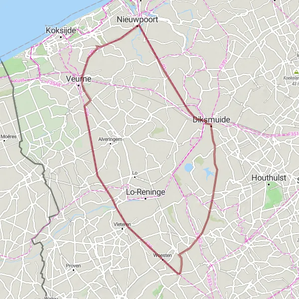 Miniatuurkaart van de fietsinspiratie "Gravelroute rond Elverdinge" in Prov. West-Vlaanderen, Belgium. Gemaakt door de Tarmacs.app fietsrouteplanner