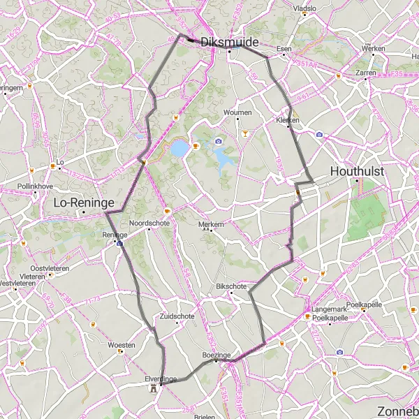 Karten-Miniaturansicht der Radinspiration "Kasteel Vilain XIIII - Kaaskerke - Jonkershove - Boezinge" in Prov. West-Vlaanderen, Belgium. Erstellt vom Tarmacs.app-Routenplaner für Radtouren