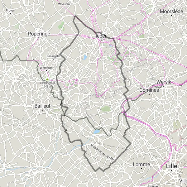 Karten-Miniaturansicht der Radinspiration "Zillebeke - Warneton - Bois-Grenier - Dranouter - Elverdinge" in Prov. West-Vlaanderen, Belgium. Erstellt vom Tarmacs.app-Routenplaner für Radtouren