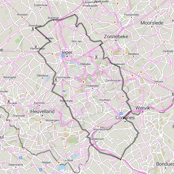 Miniatuurkaart van de fietsinspiratie "Ontdek Westhoek per fiets" in Prov. West-Vlaanderen, Belgium. Gemaakt door de Tarmacs.app fietsrouteplanner