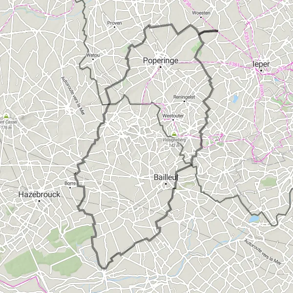 Miniature de la carte de l'inspiration cycliste "Parcours panoramique autour d'Elverdinge" dans la Prov. West-Vlaanderen, Belgium. Générée par le planificateur d'itinéraire cycliste Tarmacs.app