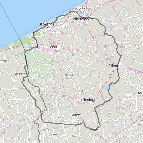 Karten-Miniaturansicht der Radinspiration "Rundfahrt von Elverdinge: Kykhill Dune und Kasteel Vilain XIIII" in Prov. West-Vlaanderen, Belgium. Erstellt vom Tarmacs.app-Routenplaner für Radtouren