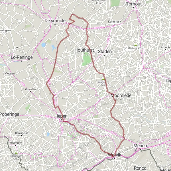 Map miniature of "Historical Battlefields and Countryside Gravel Journey" cycling inspiration in Prov. West-Vlaanderen, Belgium. Generated by Tarmacs.app cycling route planner