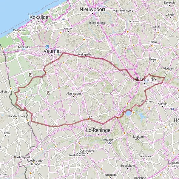 Map miniature of "Woumen Gravel Loop" cycling inspiration in Prov. West-Vlaanderen, Belgium. Generated by Tarmacs.app cycling route planner