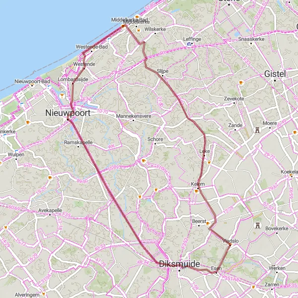 Map miniature of "Exploring Coastal Villages on Gravel" cycling inspiration in Prov. West-Vlaanderen, Belgium. Generated by Tarmacs.app cycling route planner