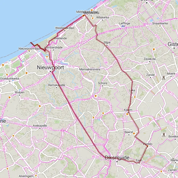 Miniature de la carte de l'inspiration cycliste "Boucle pittoresque de Diksmuide à Vladslo" dans la Prov. West-Vlaanderen, Belgium. Générée par le planificateur d'itinéraire cycliste Tarmacs.app