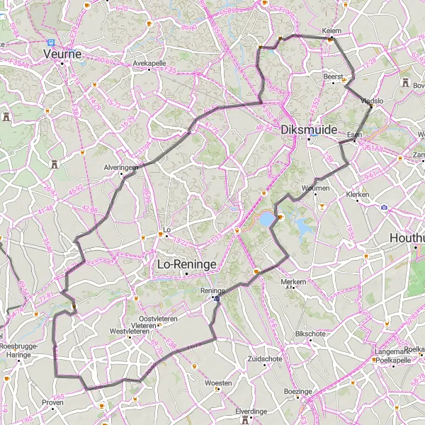 Map miniature of "Countryside Escape" cycling inspiration in Prov. West-Vlaanderen, Belgium. Generated by Tarmacs.app cycling route planner