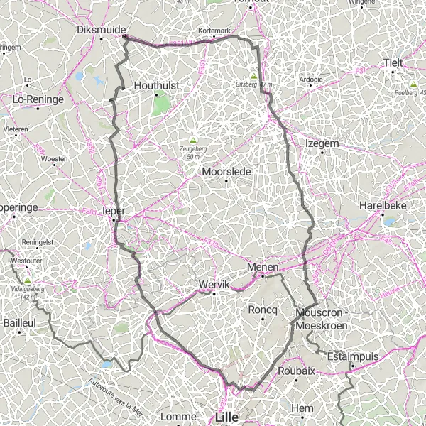 Miniature de la carte de l'inspiration cycliste "Parcours épique de Kortemark à Klerken en passant par Ypres" dans la Prov. West-Vlaanderen, Belgium. Générée par le planificateur d'itinéraire cycliste Tarmacs.app