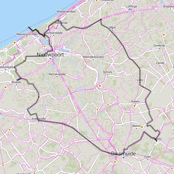Miniature de la carte de l'inspiration cycliste "De Diksmuide à Nieuwpoort : la beauté des côtes belges" dans la Prov. West-Vlaanderen, Belgium. Générée par le planificateur d'itinéraire cycliste Tarmacs.app