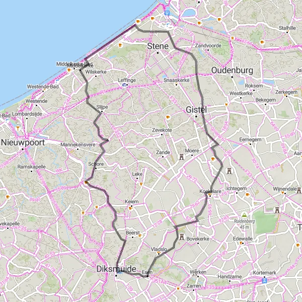 Karten-Miniaturansicht der Radinspiration "Rundtour von Esen nach Diksmuide über Slijpe und Raversijde" in Prov. West-Vlaanderen, Belgium. Erstellt vom Tarmacs.app-Routenplaner für Radtouren