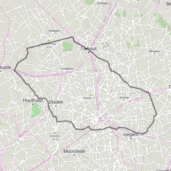 Map miniature of "Challenging Hills and Historical Sites" cycling inspiration in Prov. West-Vlaanderen, Belgium. Generated by Tarmacs.app cycling route planner