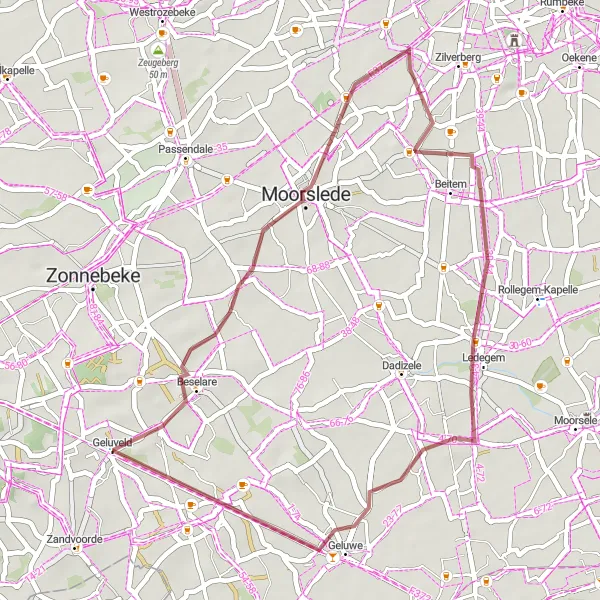 Map miniature of "Gravel Route from Geluveld to Moorslede" cycling inspiration in Prov. West-Vlaanderen, Belgium. Generated by Tarmacs.app cycling route planner