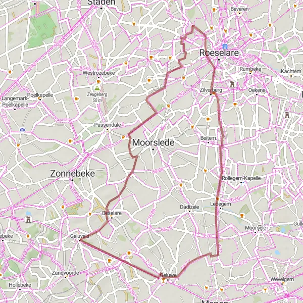 Karten-Miniaturansicht der Radinspiration "Gravel-Rundfahrradroute von Geluveld nach Geluwe" in Prov. West-Vlaanderen, Belgium. Erstellt vom Tarmacs.app-Routenplaner für Radtouren