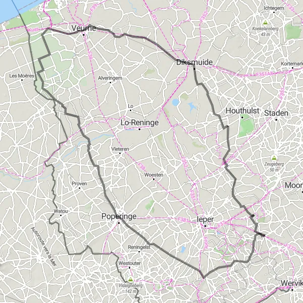 Map miniature of "Road Route from Geluveld to Sint-Niklaastoren" cycling inspiration in Prov. West-Vlaanderen, Belgium. Generated by Tarmacs.app cycling route planner