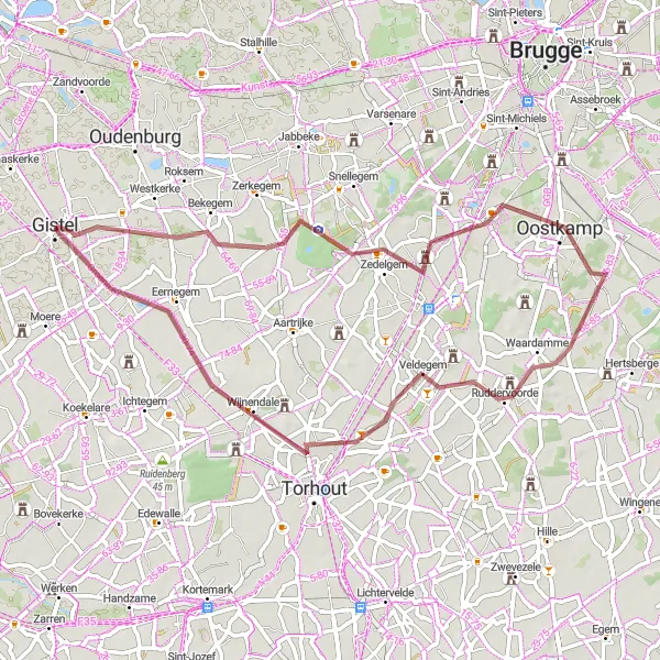 Karten-Miniaturansicht der Radinspiration "Gravel-Tour durch Wijnendale und Bekegem" in Prov. West-Vlaanderen, Belgium. Erstellt vom Tarmacs.app-Routenplaner für Radtouren