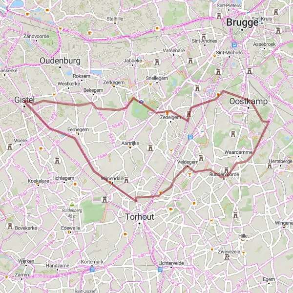 Miniatuurkaart van de fietsinspiratie "Gravelavontuur door Wijnendale en Zedelgem" in Prov. West-Vlaanderen, Belgium. Gemaakt door de Tarmacs.app fietsrouteplanner