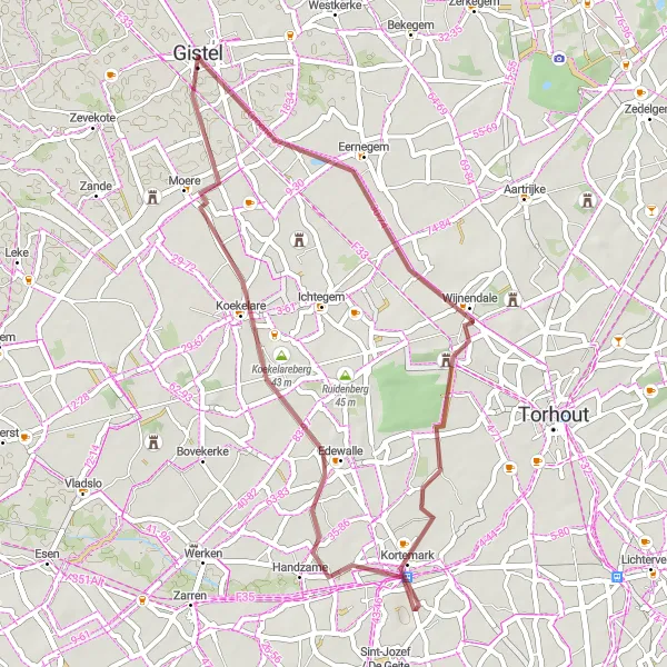 Miniatuurkaart van de fietsinspiratie "Avontuurlijke gravelroute in de omgeving van Gistel" in Prov. West-Vlaanderen, Belgium. Gemaakt door de Tarmacs.app fietsrouteplanner