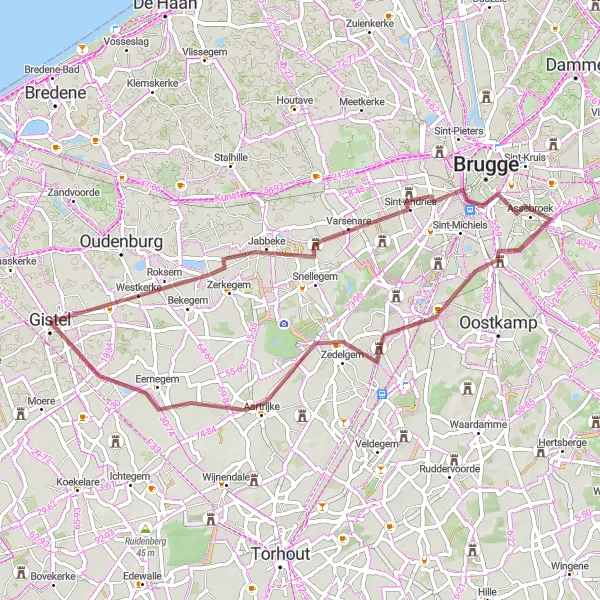 Miniatuurkaart van de fietsinspiratie "Fietstocht langs historische steden en groene landschappen" in Prov. West-Vlaanderen, Belgium. Gemaakt door de Tarmacs.app fietsrouteplanner