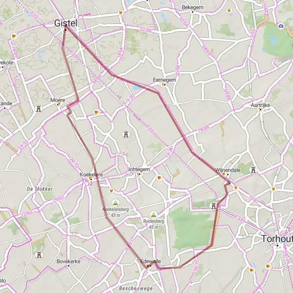 Miniature de la carte de l'inspiration cycliste "Promenade à vélo autour de Gistel et Moere" dans la Prov. West-Vlaanderen, Belgium. Générée par le planificateur d'itinéraire cycliste Tarmacs.app