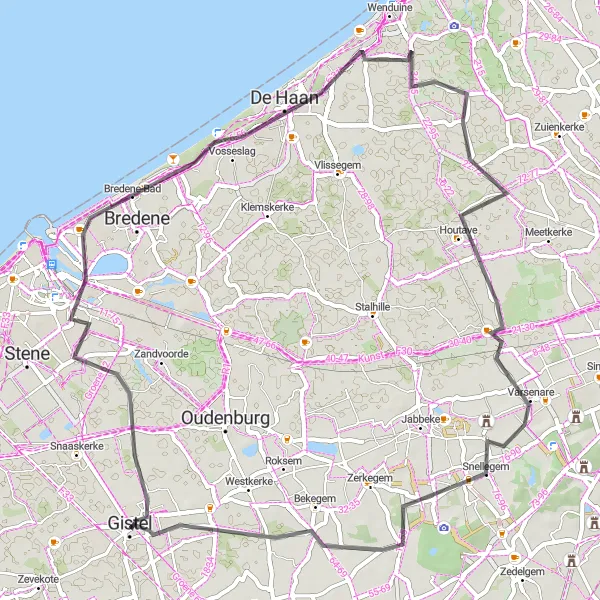 Map miniature of "Coastal Road Adventure" cycling inspiration in Prov. West-Vlaanderen, Belgium. Generated by Tarmacs.app cycling route planner