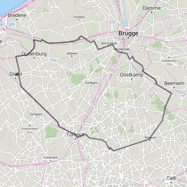 Map miniature of "The Coastal Loop" cycling inspiration in Prov. West-Vlaanderen, Belgium. Generated by Tarmacs.app cycling route planner