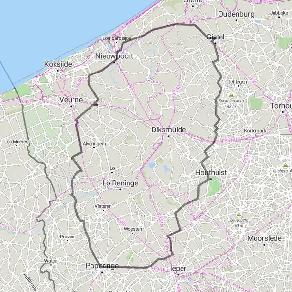 Map miniature of "Fields and War Memorials" cycling inspiration in Prov. West-Vlaanderen, Belgium. Generated by Tarmacs.app cycling route planner