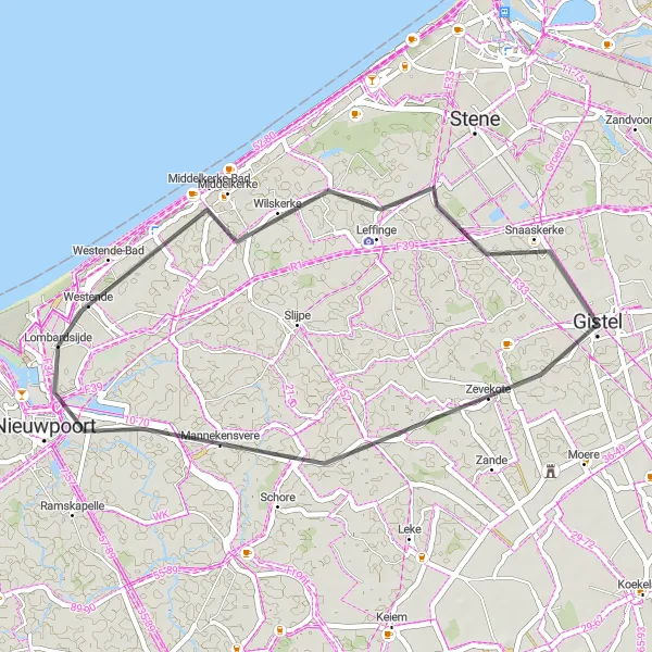 Miniatuurkaart van de fietsinspiratie "Ontspannen fietstocht door het West-Vlaamse landschap" in Prov. West-Vlaanderen, Belgium. Gemaakt door de Tarmacs.app fietsrouteplanner