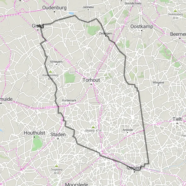 Karten-Miniaturansicht der Radinspiration "Rundfahrt von Gistel nach Roeselare" in Prov. West-Vlaanderen, Belgium. Erstellt vom Tarmacs.app-Routenplaner für Radtouren