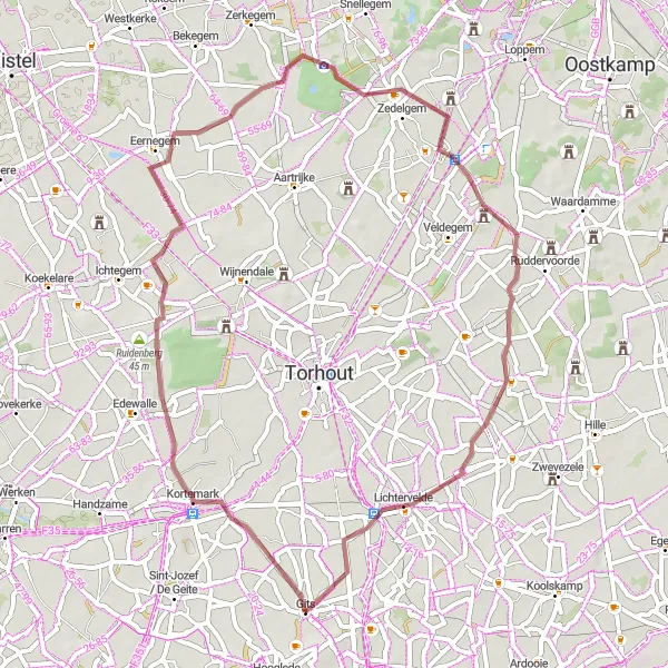 Map miniature of "Kortemark and Lichtervelde Gravel Loop" cycling inspiration in Prov. West-Vlaanderen, Belgium. Generated by Tarmacs.app cycling route planner