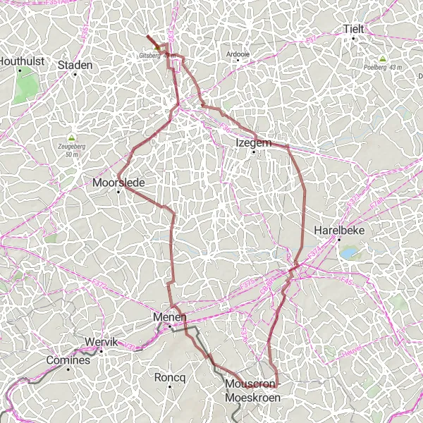 Karten-Miniaturansicht der Radinspiration "Gravel-Abenteuer von Gits nach Roeselare" in Prov. West-Vlaanderen, Belgium. Erstellt vom Tarmacs.app-Routenplaner für Radtouren