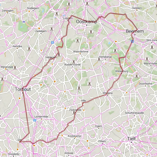 Miniature de la carte de l'inspiration cycliste "Le Tour de Torhout et Beernem" dans la Prov. West-Vlaanderen, Belgium. Générée par le planificateur d'itinéraire cycliste Tarmacs.app