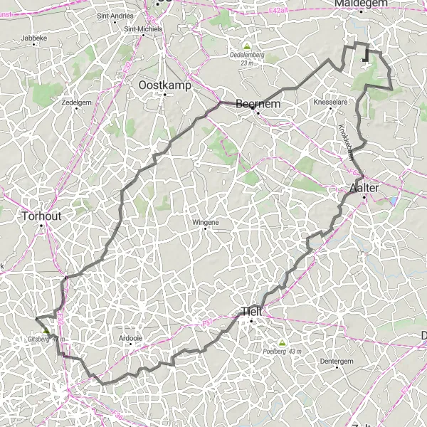 Miniature de la carte de l'inspiration cycliste "L'Excursion vers Tielt et Maldegemveld" dans la Prov. West-Vlaanderen, Belgium. Générée par le planificateur d'itinéraire cycliste Tarmacs.app