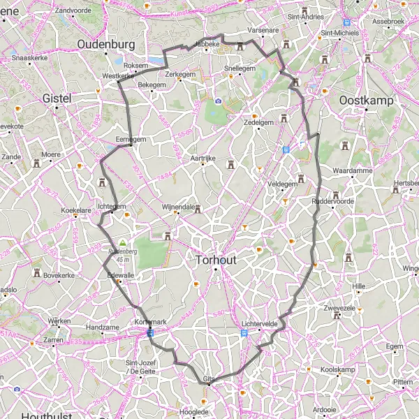 Map miniature of "Kortemark and Eernegem Loop" cycling inspiration in Prov. West-Vlaanderen, Belgium. Generated by Tarmacs.app cycling route planner