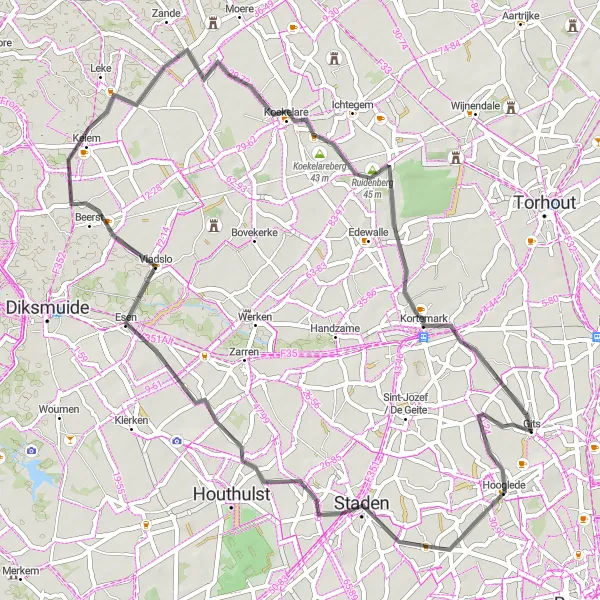 Map miniature of "Staden to Kortemark - Scenic Road Cycling" cycling inspiration in Prov. West-Vlaanderen, Belgium. Generated by Tarmacs.app cycling route planner