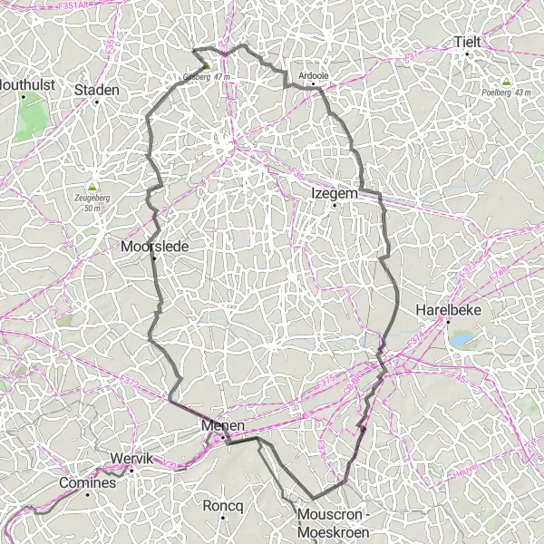 Karten-Miniaturansicht der Radinspiration "Schöne Straßenroute von Gits" in Prov. West-Vlaanderen, Belgium. Erstellt vom Tarmacs.app-Routenplaner für Radtouren