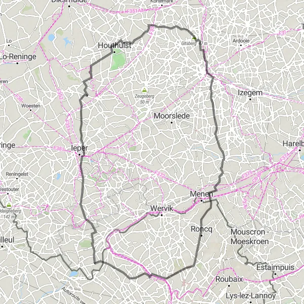 Map miniature of "Gits to Sint-Jozef / De Geite - Legendary Road Cycling" cycling inspiration in Prov. West-Vlaanderen, Belgium. Generated by Tarmacs.app cycling route planner