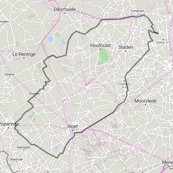 Map miniature of "Westrozebeke to Kortemark - Historical Road Cycling" cycling inspiration in Prov. West-Vlaanderen, Belgium. Generated by Tarmacs.app cycling route planner