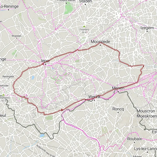 Miniatuurkaart van de fietsinspiratie "Gravelroute Gullegem - Wulvergem" in Prov. West-Vlaanderen, Belgium. Gemaakt door de Tarmacs.app fietsrouteplanner