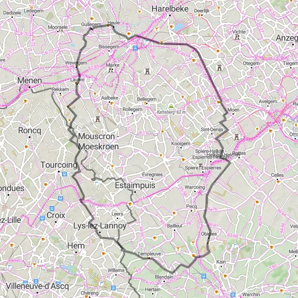 Karten-Miniaturansicht der Radinspiration "Heule nach Wevelgem Radtour" in Prov. West-Vlaanderen, Belgium. Erstellt vom Tarmacs.app-Routenplaner für Radtouren