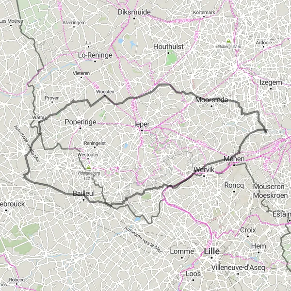 Miniatuurkaart van de fietsinspiratie "Historisch erfgoed en natuurpracht in West-Vlaanderen" in Prov. West-Vlaanderen, Belgium. Gemaakt door de Tarmacs.app fietsrouteplanner