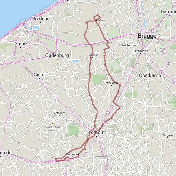 Miniatuurkaart van de fietsinspiratie "Handzame - Torhout - Kortemark" in Prov. West-Vlaanderen, Belgium. Gemaakt door de Tarmacs.app fietsrouteplanner