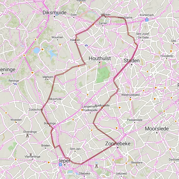 Miniatuurkaart van de fietsinspiratie "Gravelroute rond Handzame" in Prov. West-Vlaanderen, Belgium. Gemaakt door de Tarmacs.app fietsrouteplanner