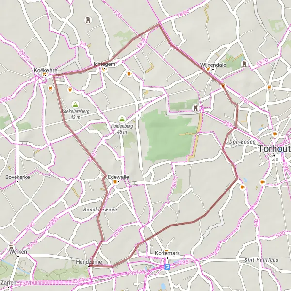 Miniature de la carte de l'inspiration cycliste "Parcours Gravel de Bescheewege à Kortemark" dans la Prov. West-Vlaanderen, Belgium. Générée par le planificateur d'itinéraire cycliste Tarmacs.app
